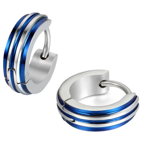 316L Surgical Steel Striped Blue/Black Men Women Hypoallergenic Hoop Earrings
